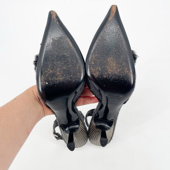 Vintage Prada Gray Tweed Crystal Bow Detail Slingback Pointed Toe Heels IT 38.5 - Picture 10 of 11